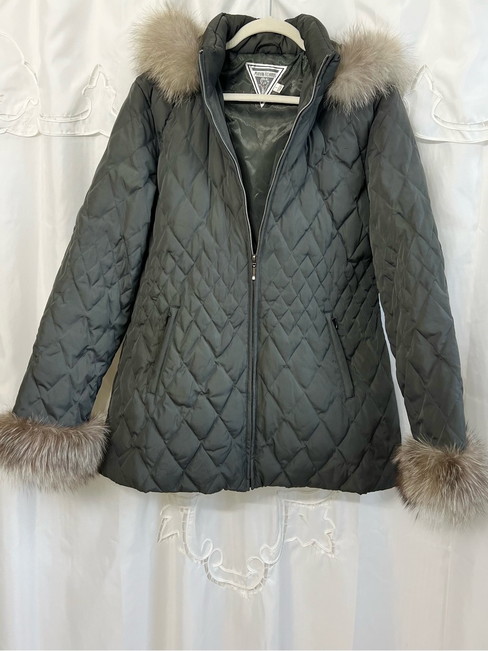 Marvin Richards Genuine Fox Fur Down Quilted Coat Olive Green L